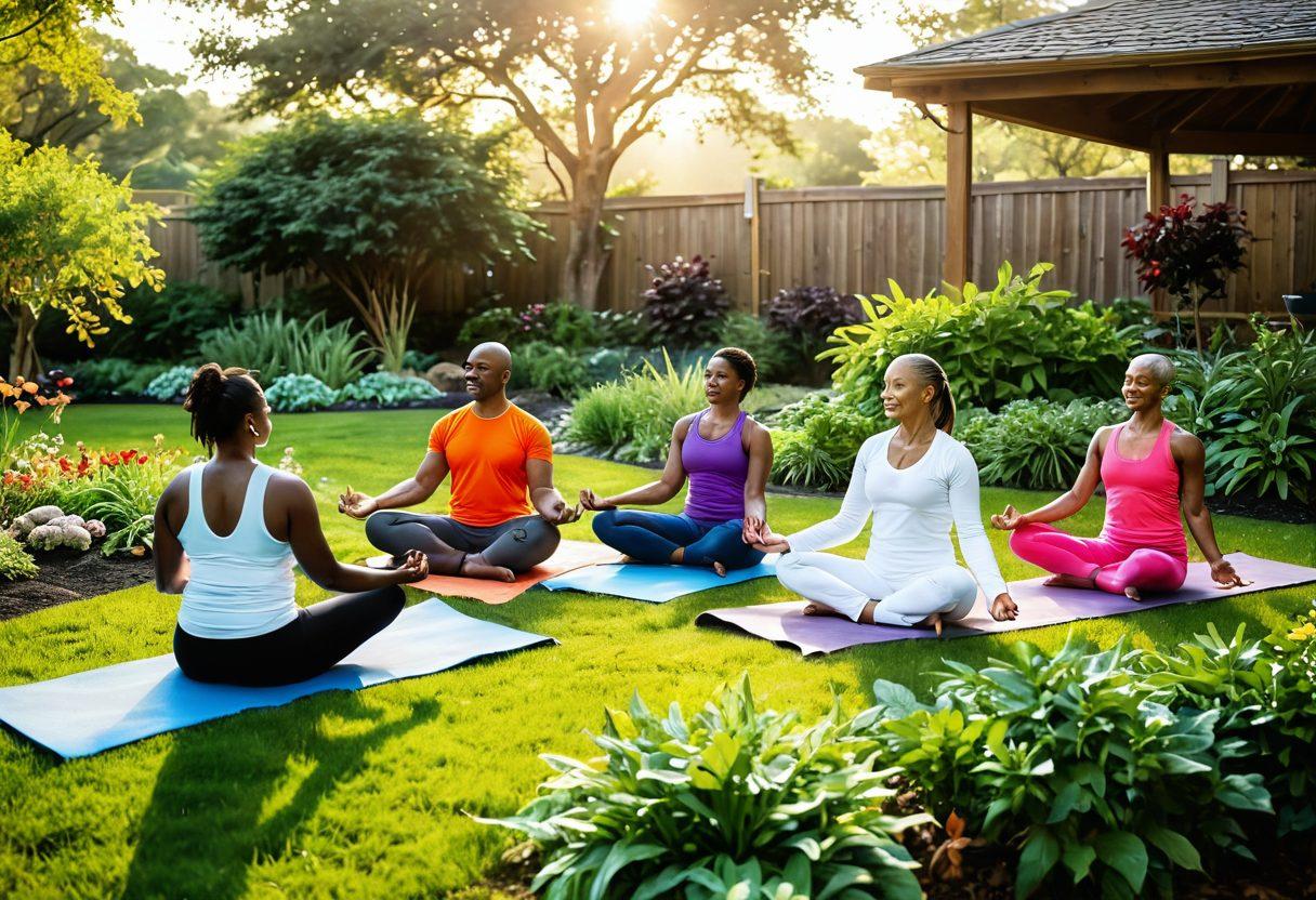 A tranquil scene showcasing a diverse group of cancer warriors engaging in wellness activities, such as yoga in a serene garden, preparing colorful nutritious meals, and sharing laughter. Emphasize vibrant fruits and vegetables, flowing natural elements like water and plants, and a bright, uplifting atmosphere. Include a gentle sunrise in the background symbolizing hope and new beginnings. super-realistic. vibrant colors. soft focus.
