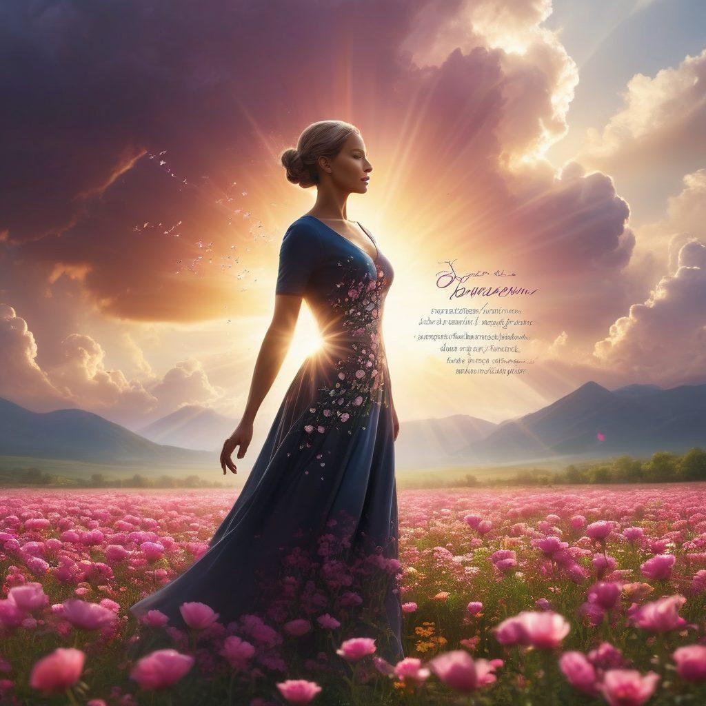 A powerful figure, symbolizing strength and resilience, standing tall in a field of blooming flowers, representing hope and growth. In the background, silhouettes of diverse cancer warriors joining hands, showing solidarity and support. Sunlight breaking through clouds, casting a warm glow on the scene, signifying empowerment and positivity. Include motivational quotes in elegant script flow around the image. super-realistic. vibrant colors. soft focus.